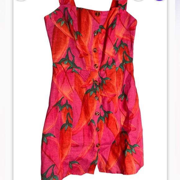 FARM Rio Red Pepper Tropical Linen Mini Dress Sz XS Resortwear Vacation - Picture 7 of 10